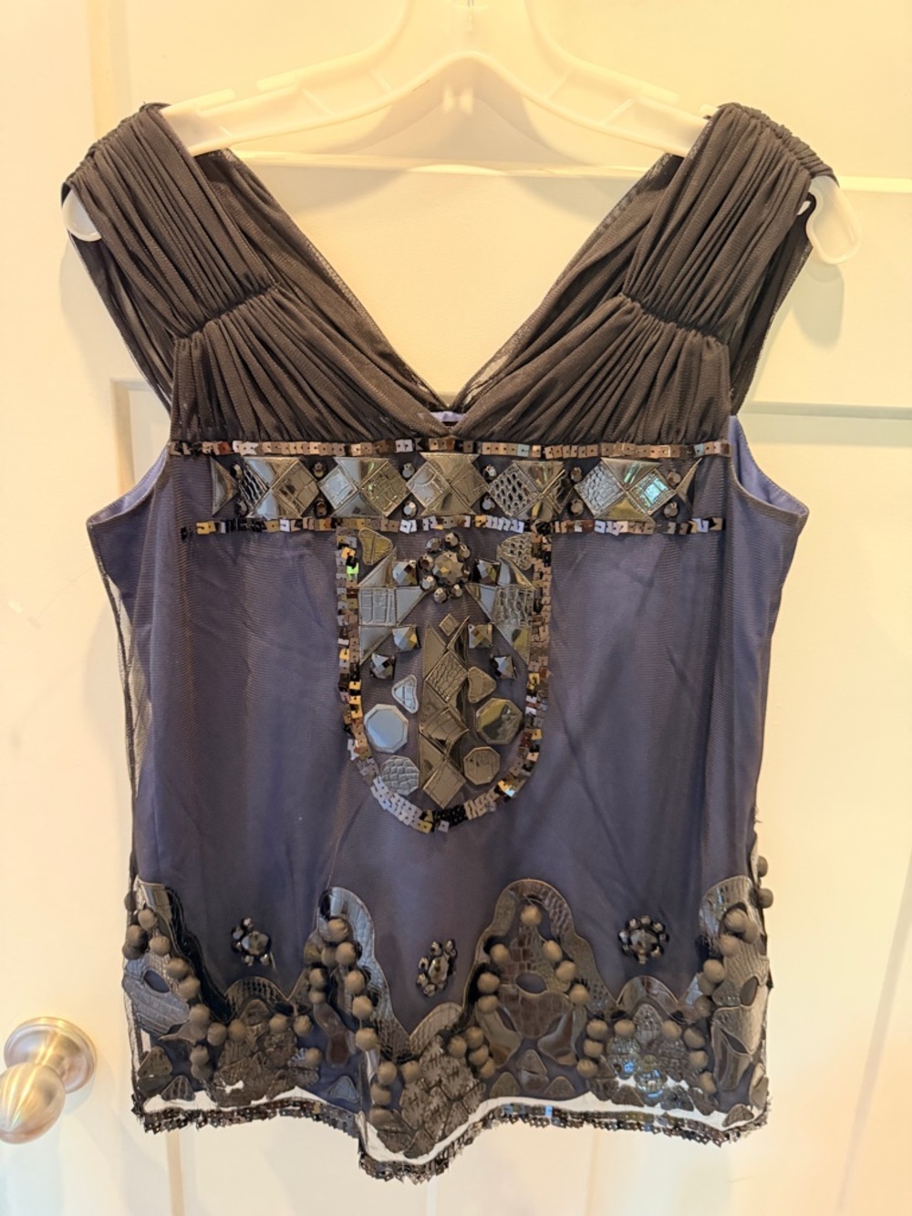 Etcetera Embellished Beaded Mesh Tank Top Size 6 Black Sheer Statement Blouse